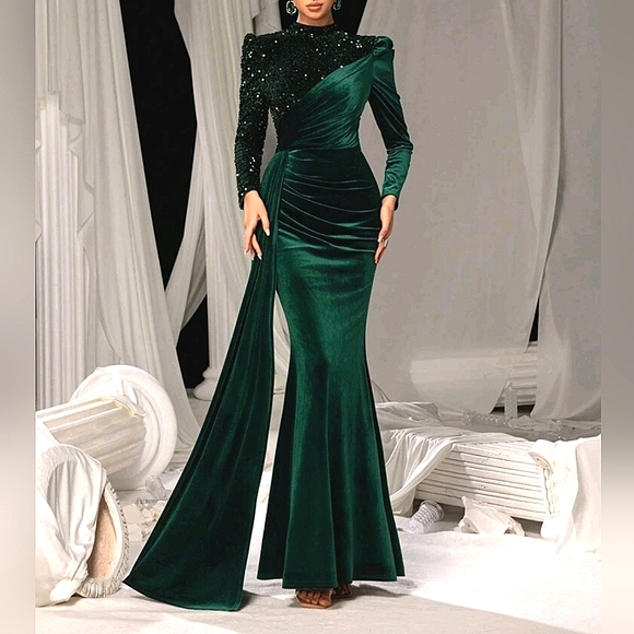New Luxe Sequin Velvet Long Sleeve Mock Neck Mermaid Maxi Gown Dress Dark Green - Picture 3 of 16